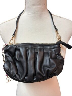 Betsy Johnson Black Pleated Shoulder Bag with Gold Hardware